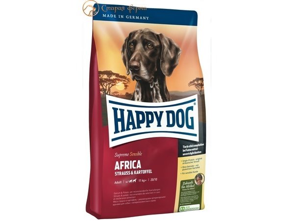 Сухой корм Happy Dog Africa для взрослых собак с чувствительным пищеварением или аллергией  мясо страуса c картофелем 12,5 кг