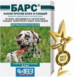 АГРОВЕТЗАЩИТА БАРС Капли против блох и клещей для собак весом от 20 до 30 кг (фипронил, дифлубензурон, дикарбоксимид) 1 х 4,2 мл