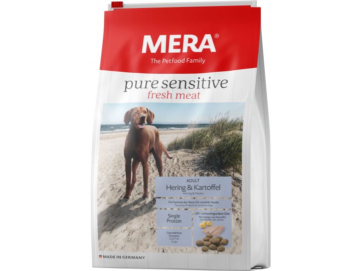 Сухой корм MERA PURE SENSITIVE ADULT FRESH MEAT HERING&KARTOFFEL для взрослых собак, с сельдью и картофелем 12,5 кг