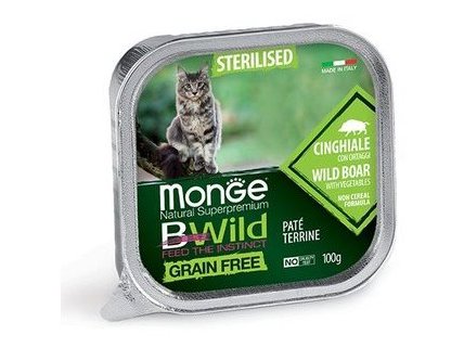 MONGE CAT BWILD GRAIN FREE STERILISED WILD BOAR PATE Влажный Беззерновой корм Монж для Стерилизованных кошек Паштет из Кабана с овощами (цена за упаковку) 100 гр х  32 шт