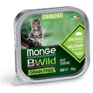 MONGE CAT BWILD GRAIN FREE STERILISED WILD BOAR PATE Влажный Беззерновой корм Монж для Стерилизованных кошек Паштет из Кабана с овощами (цена за упаковку) 100 гр х  32 шт