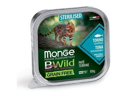 MONGE CAT BWILD GRAIN FREE STERILISED TUNA PATE Влажный Беззерновой корм Монж для Стерилизованных кошек Паштет из Тунца с овощами (цена за упаковку) 100 гр х 32 шт