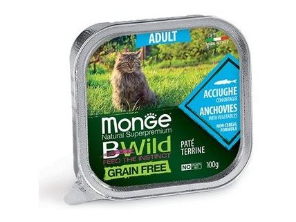 MONGE CAT BWILD GRAIN FREE ADULT ANCHOVIES PATE Влажный Беззерновой корм Монж для кошек Паштет из Анчоусов с овощами (цена за упаковку) 100 гр х 32 шт
