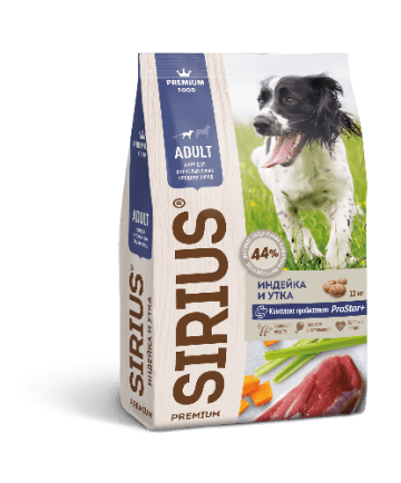 Сухой корм SIRIUS для взрослых собак средних пород ИНДЕЙКА И УТКА С ОВОЩАМИ 12 кг