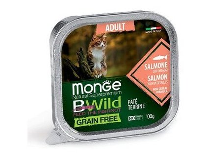 MONGE CAT BWILD GRAIN FREE ADULT SALMON PATE Влажный Беззерновой корм Монж для кошек Паштет из Лосося с овощами (цена за упаковку) 100 гр х 32 шт