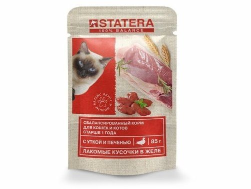 Влажный корм Statera для взрослых котов всех пород полнорационный консервированный с уткой и печенью в желе 85 гр х 25 шт