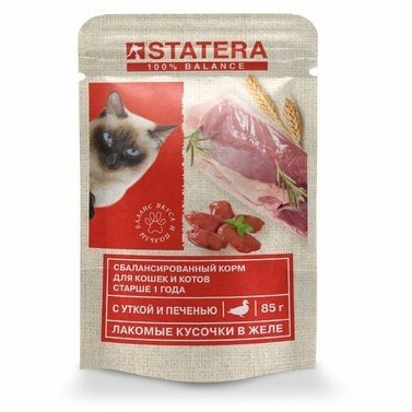 Влажный корм Statera для взрослых котов всех пород полнорационный консервированный с уткой и печенью в желе 85 гр х 25 шт