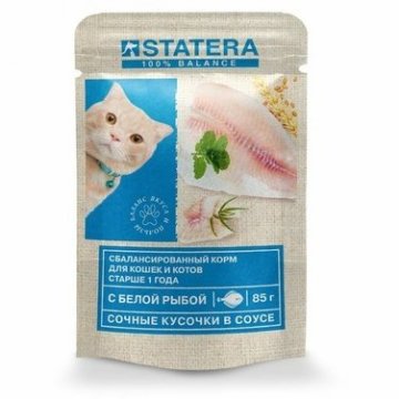 Влажный корм Statera для взрослых котов всех пород полнорационный консервированный с рыбой в соусе 85 гр х 25 шт