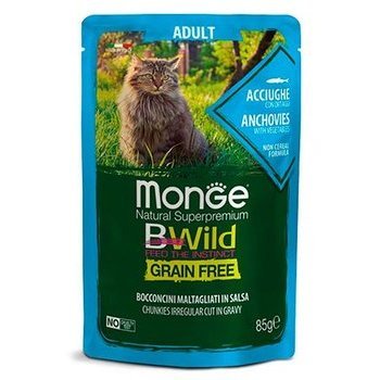 MONGE CAT BWILD GRAIN FREE ADULT ANCHOVIES VEGETABLES Влажный Беззерновой корм Монж для взрослых кошек Паучи из Анчоусов с овощами (цена за упаковку) 85 гр х 28 шт