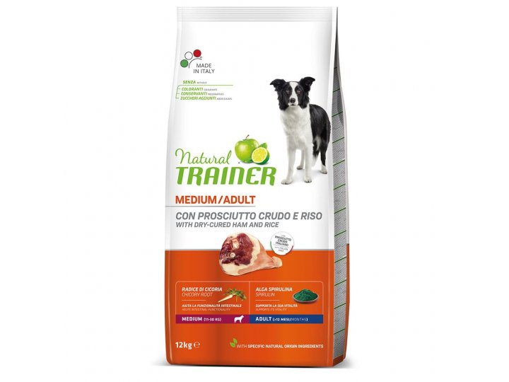 Сухой корм Natural Trainer Dog Medium Adult - Dry-Cured Ham and Rice Трейнер для взрослых собак средних пород с Сыровяленной ветчиной и рисом  12 кг