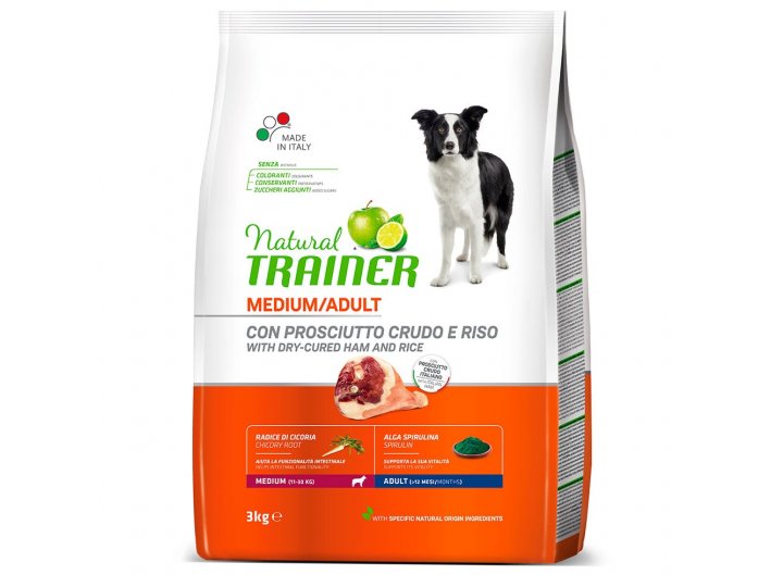 Сухой корм Natural Trainer Dog Medium Adult - Dry-Cured Ham and Rice Трейнер для взрослых собак средних пород с Сыровяленной ветчиной и рисом  3 кг