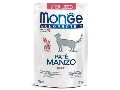 MONGE MONOPROTEIN STERILISED BEEF Влажный корм Паучи Монж для Стерилизованных кошек Говядина (цена за упаковку) 85 гр х 28 шт