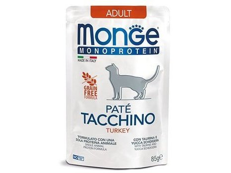 MONGE MONOPROTEIN ADULT TURKEY Влажный корм Паучи Монж для взрослых кошек Индейка (цена за упаковку) 85 гр х 24 шт