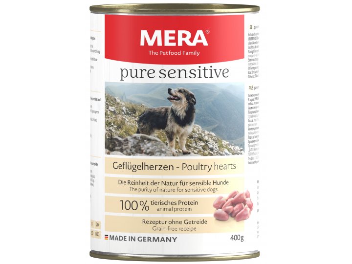 Влажный корм MERA PURE SENSITIVE NASSFUTTER GEFLUGELHERZEN (консервы для собак с куриными сердечками) цена за упаковку 400 гр х 6 шт