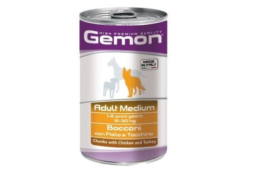 Влажный корм GEMON ADULT MEDIUM CHUNKS CHICKEN & TURKEY Консервы Джимон для собак Средних пород кусочки Курицы с индейкой (цена за упаковку) 1250г х 12шт