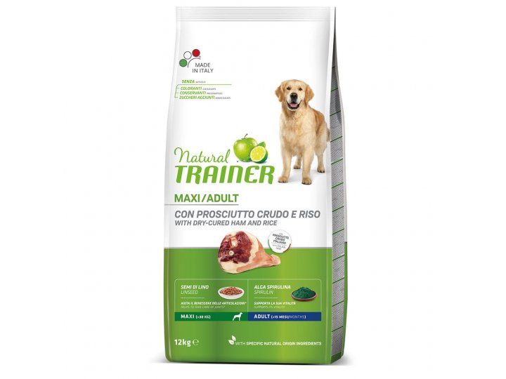 Natural Trainer Dog Maxi Adult - Dry-Cured Ham and Rice  Сухой корм Трейнер с сыровяленой ветчиной и рисом для взрослых собак Крупных пород 12 кг 