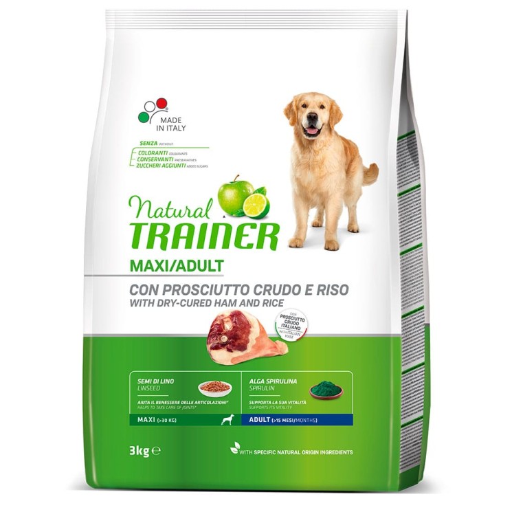 Natural Trainer Dog Maxi Adult - Dry-Cured Ham and Rice  Сухой корм Трейнер с сыровяленой ветчиной и рисом для взрослых собак Крупных пород 3 кг 