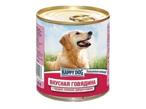 HAPPY DOG ВКУСНАЯ ГОВЯДИНА Консервы Хэппи Дог для собак Говядина с сердцем, печенью, рубцом и рисом (цена за упаковку, Россия) 750 гр х 12 шт