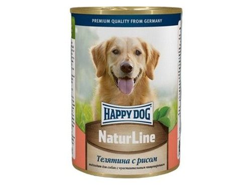 HAPPY DOG NATURLINE Консервы Хэппи Дог для собак Телятина с Рисом (цена за упаковку, Россия) 410 гр х 12 шт