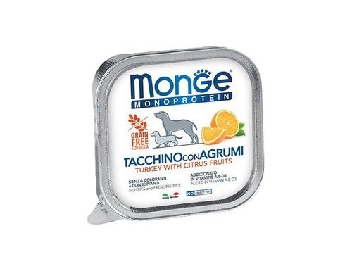 MONGE DOG MONOPROTEICO FRUITS TURKEY & CITRUS Влажный корм Паштет Монж Монопротеиновый для взрослых собак Индейка с цитрусовыми (цена за упаковку) 150 гр х 24 шт