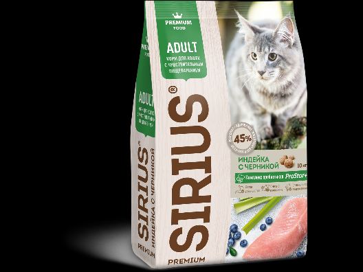 Сухой корм SIRIUS для кошек с чувствительным пищеварением ИНДЕЙКА С ЧЕРНИКОЙ 10 кг