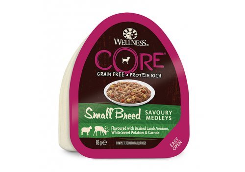 Консервы WELLNESS CORE DOG SMALL BREED SAVOURY MEDLEYS LAMB VENISON   Велнес Кор для собак Мелких пород Баранина Оленина тушеная с белым сладким картофелем и морковью (цена за упаковку) 85 гр х 12 шт