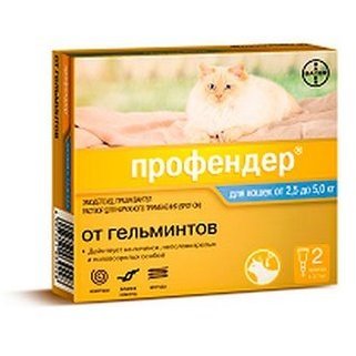 BAYER ПРОФЕНДЕР Капли на холку от Гельминтов для кошек весом 2,5-5 кг 2 шт х 0,7 мл