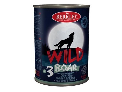 Консервы BERKLEY WILD №3  Беркли для собак всех возрастов Кабан с Пастернаком, Сладким Луком и Лесными Ягодами (цена за упаковку) 400 гр х 6 шт