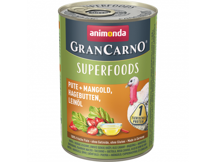 Консервы для собак ANIMONDA GRANCARNO SUPERFOODS PUTE + MANGOLD  Анимонда с Индейкой + мангольд шиповник льняное масло (цена за упаковку) 400 гр х 6 шт